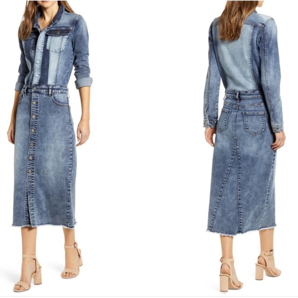 Wash Lab Color-Blocked Denim Dress in Blue - Picture 1 of 11
